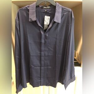 NWT Allegra K Navy Satin Button-Front Blouse Sz. 3X